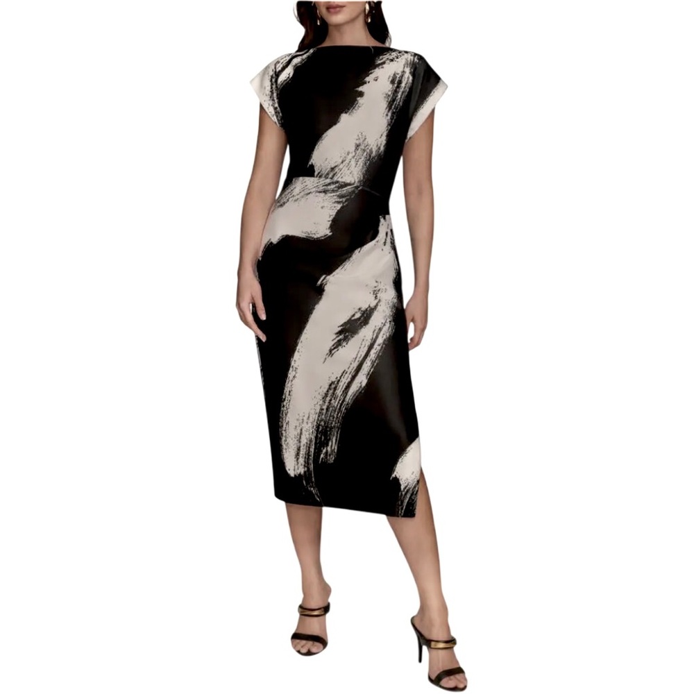 Donna Karan New York Scuba Sheath Dress Black And White Pleat Waist Size 2